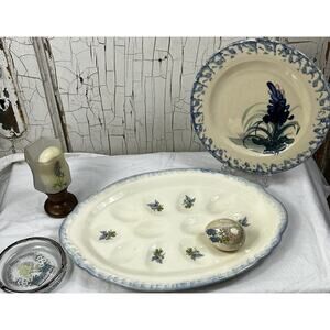 Vintage Hand Painted Art Pottery Texas Bluebonnet Plate Deviled Eggs Candle LOT
